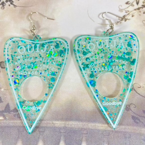 House Of Adornments Jewelry - Multi Aqua glitter acrylic large Planchet earrings Goth Witchy Spooky